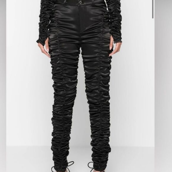 Akira Bow Down Ruched Satin Pants- Black - Picture 3 of 8